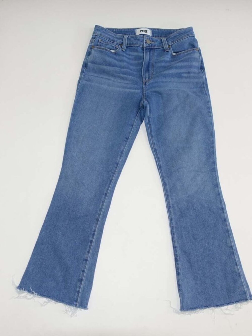 Paige Women's Rory Crop Flare Jeans Size 27 Blue Mid Rise 25" Inseam Raw Hems